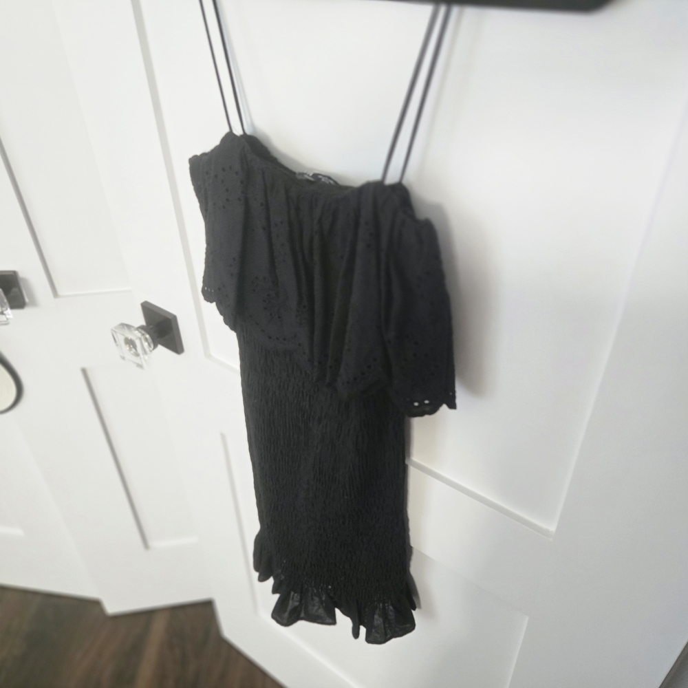 NWT Zara XS Black Spaghetti Strap Mini Dress Ruffled Top Stretch Rouch Bottom - Picture 8 of 11